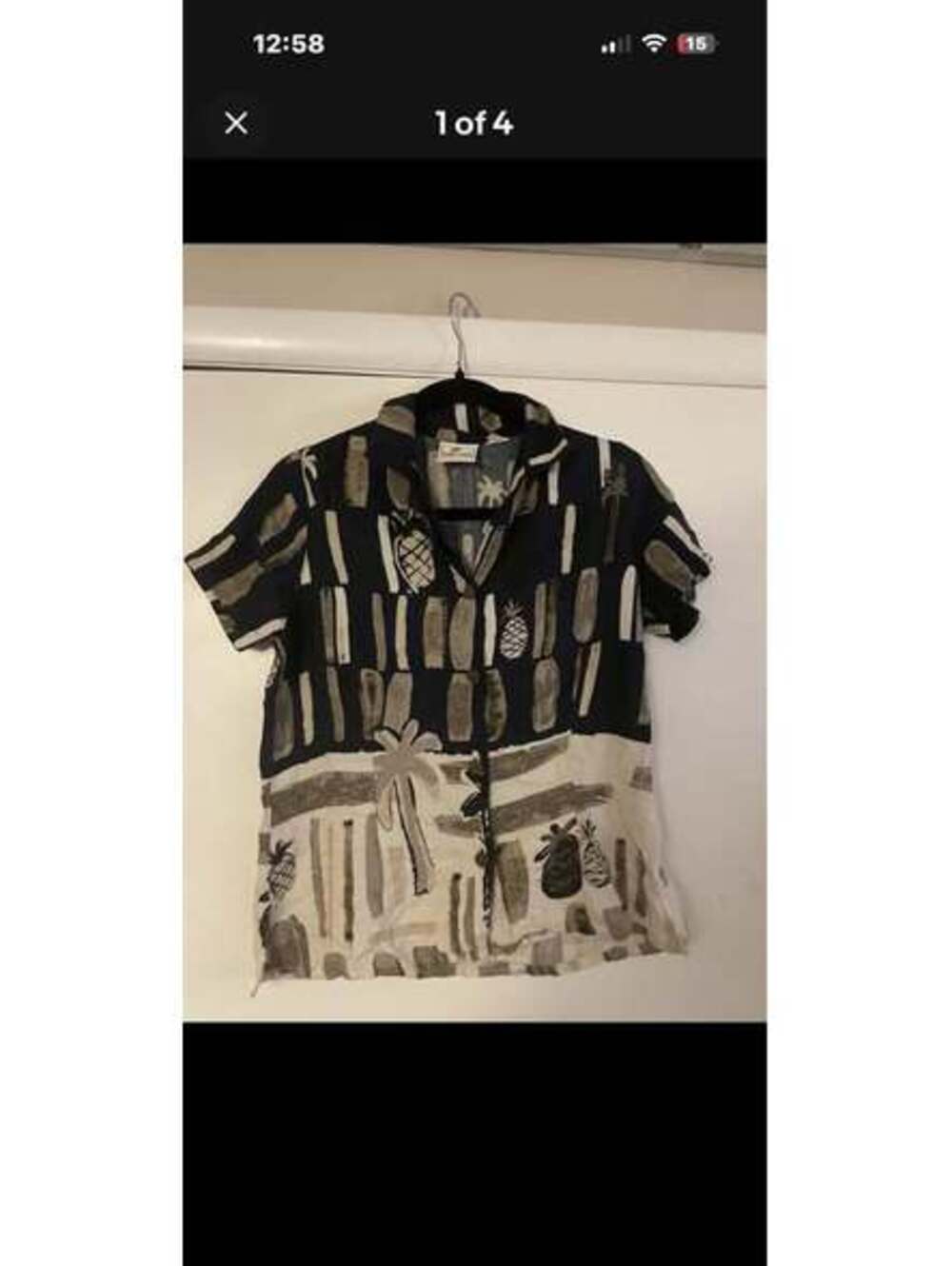 Holly Lane Tropical Print Short-Sleeve Button-Up Shirt Black Beige Palm Tree